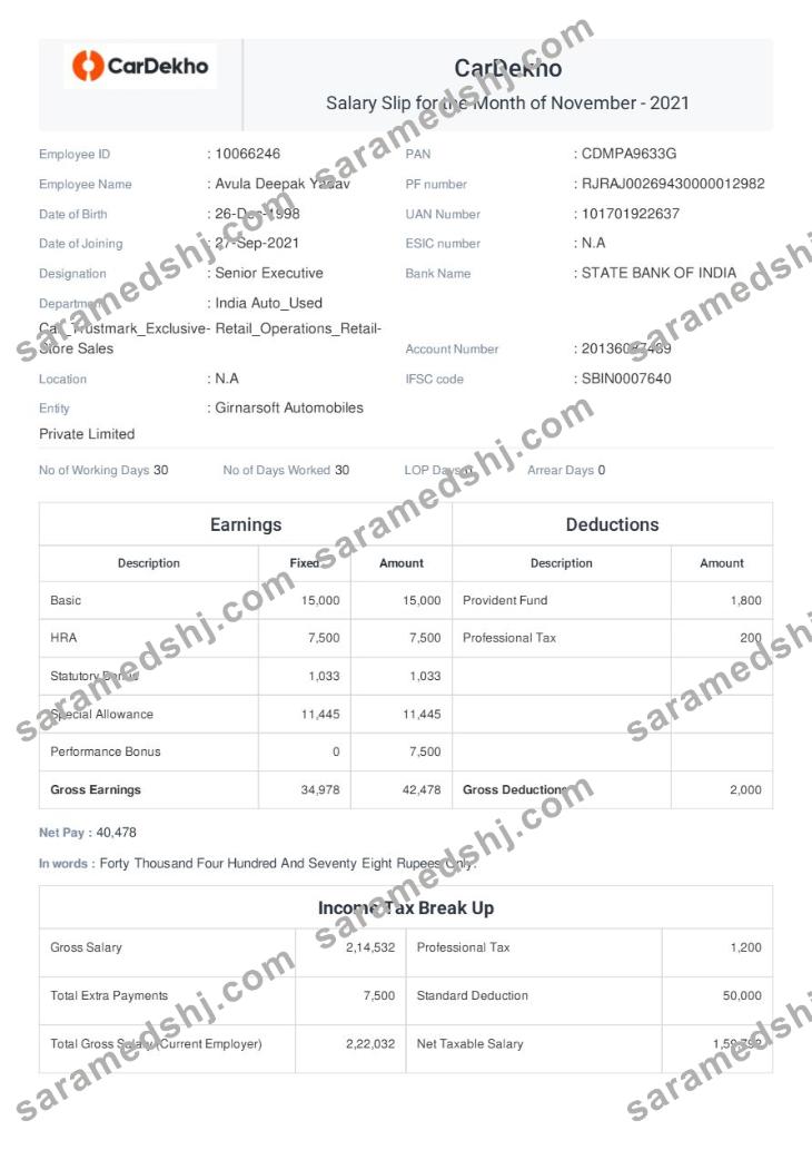 CarDekho payslip template in Word and PDF formats.pdf, 1